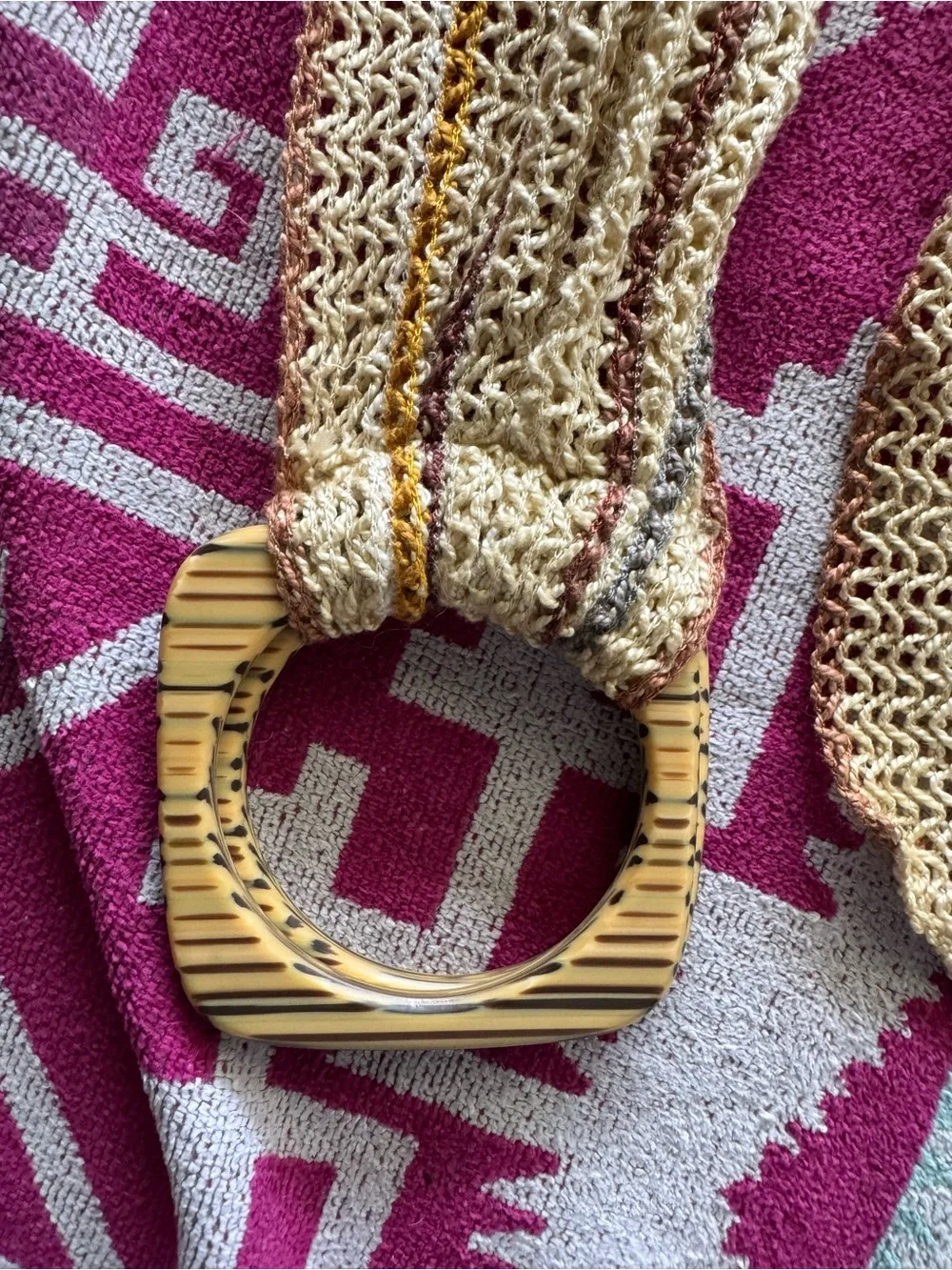 Vtg 70s Tan Stripe Crochet Wide Belt Sz M/L Boho Handmade